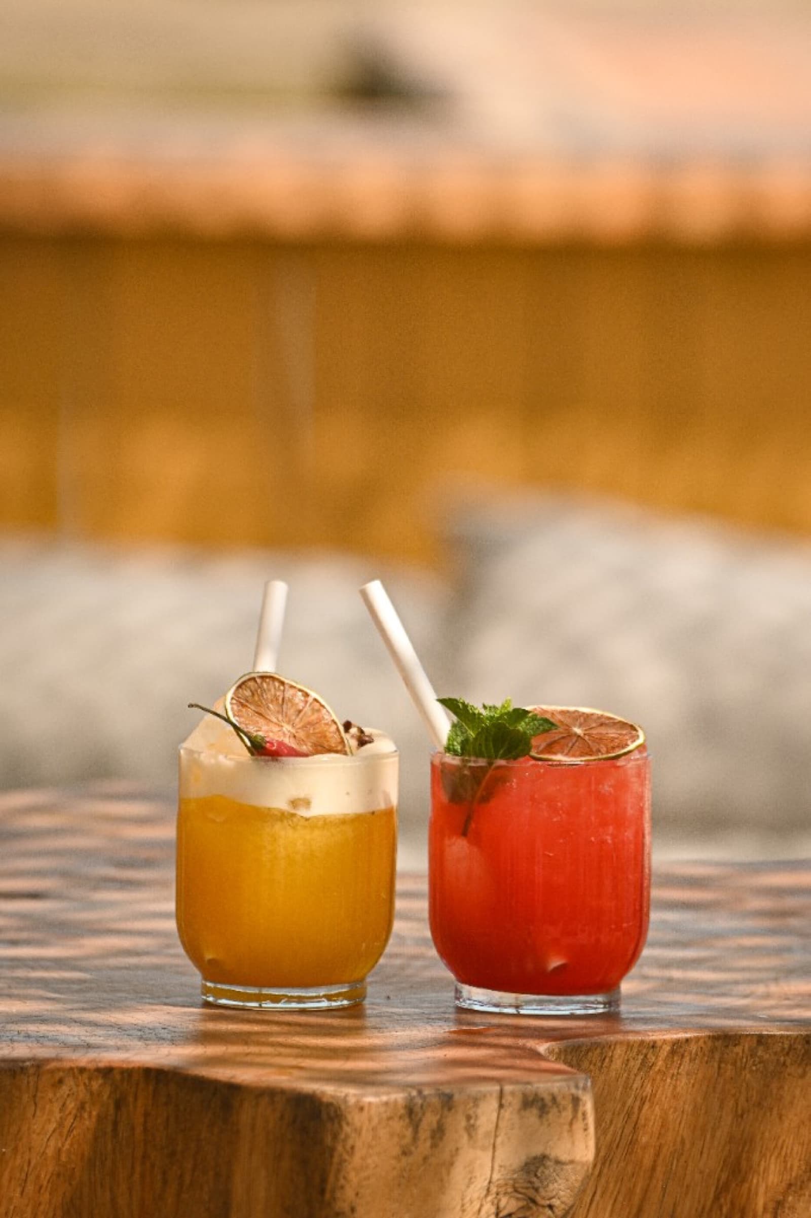 Cocktails signature orange et rouge sur table en bois — bar Camargue